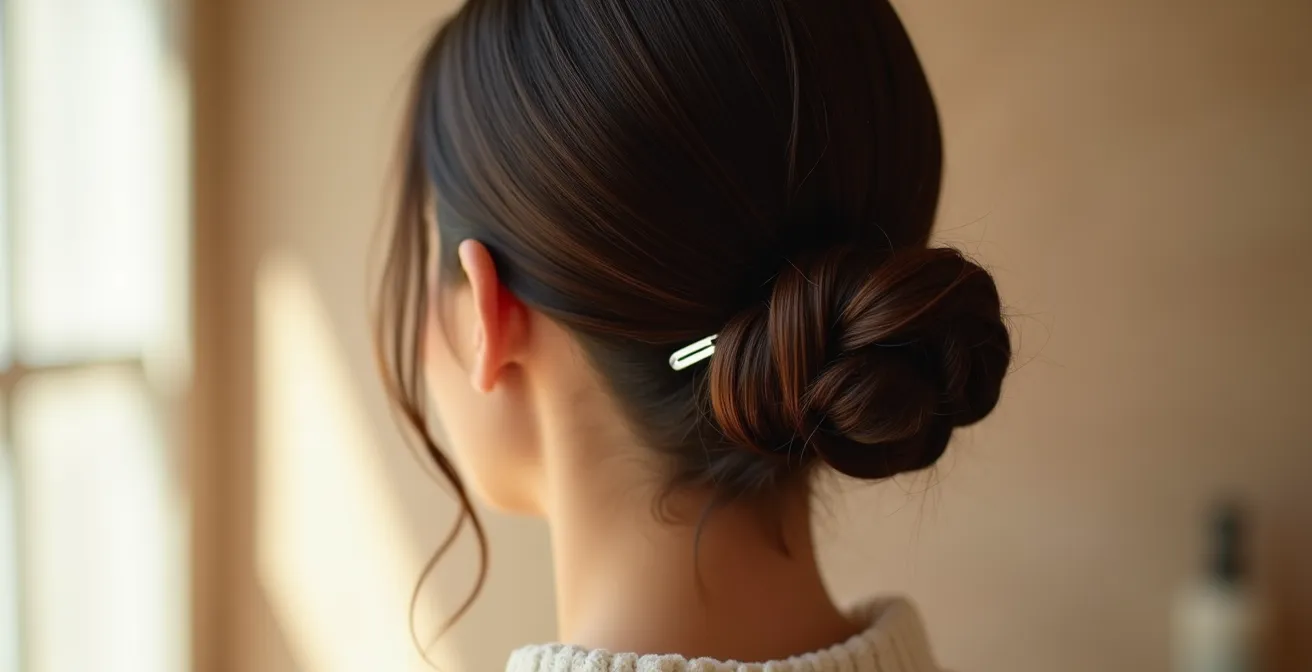 Hochgestecktes Haar, das eine gesunde Kopfhaut und eine glänzende Haarstruktur zeigt und die Wirkung von Nährstoffen illustriert.