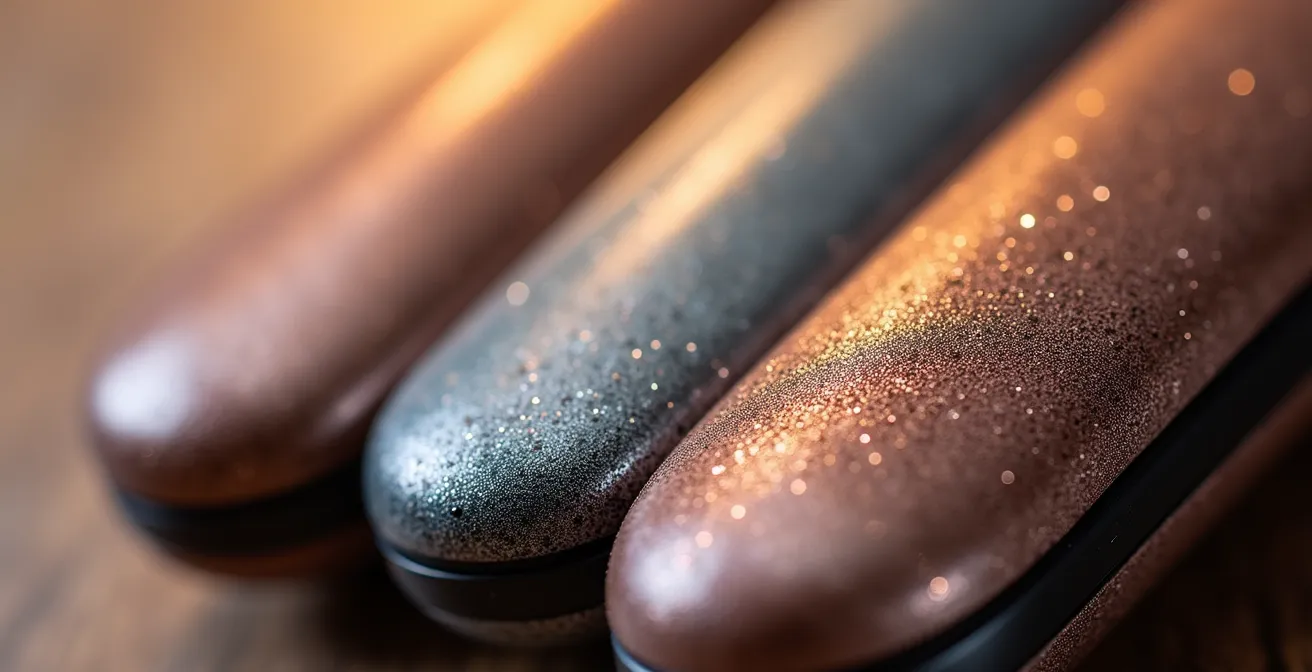 Nahaufnahme verschiedener Glätteisen-Platten aus Keramik, Titan und Turmalin