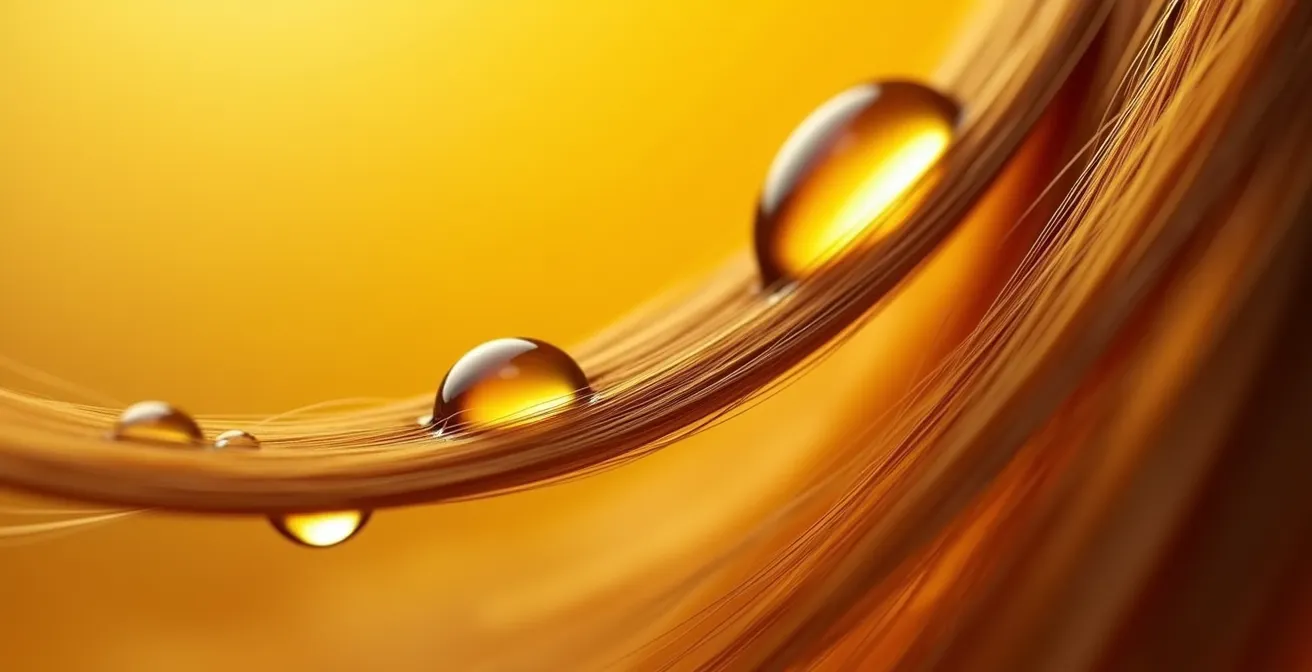Makroaufnahme von Haaröl-Tropfen auf glänzenden Haarsträhnen