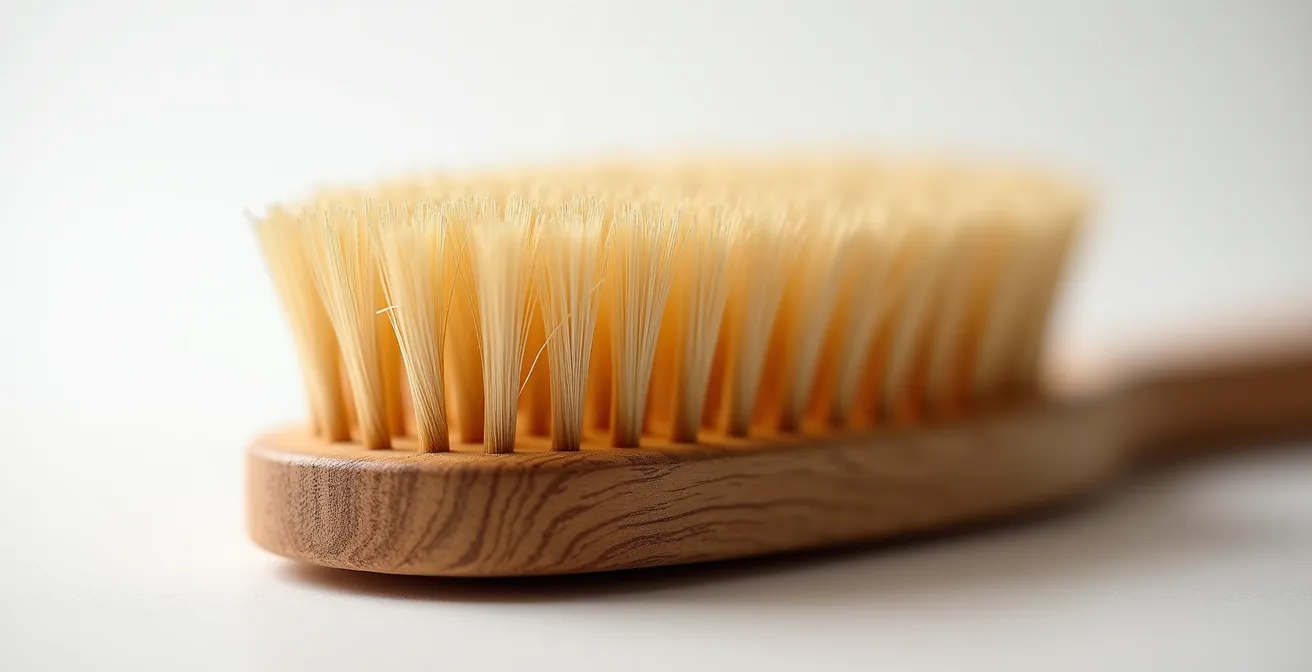 Eine hochwertige Naturborstenbürste mit einigen ausgefallenen Haaren dient als Werkzeug zur Analyse des Ernährungszustands.