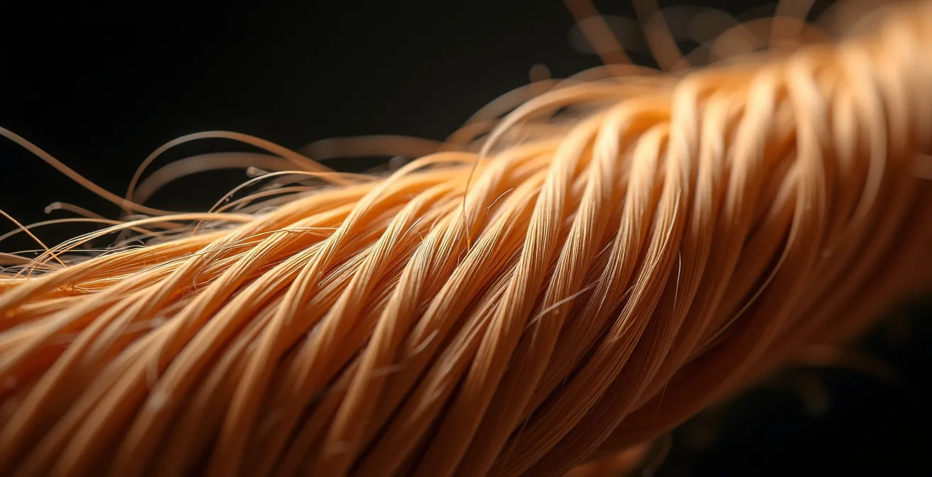 Makroaufnahme von Haarfaser mit sichtbarer Schuppenstruktur unter künstlichem Licht