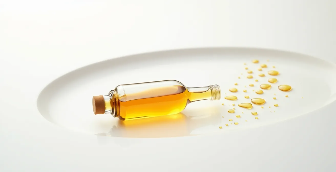 Minimalistische Komposition mit Glasflasche und goldenen Flüssigkeitstropfen auf weißem Hintergrund