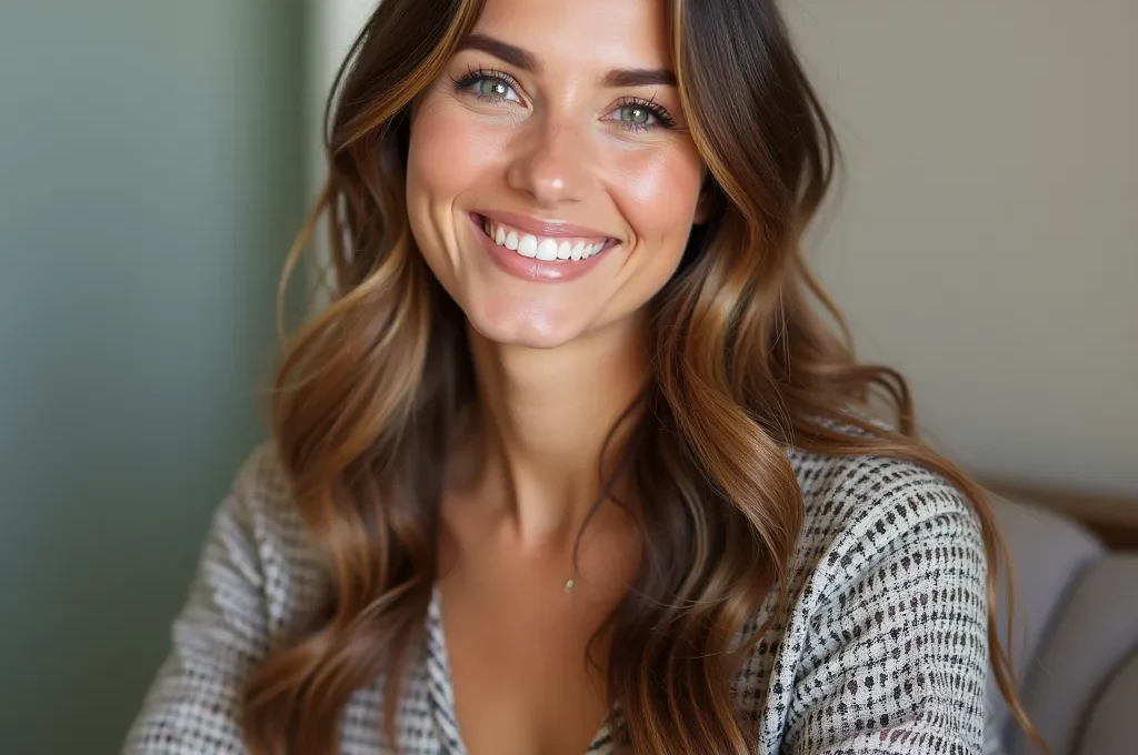 Eine selbstbewusst auftretende Frau in einem strukturierten Blazer steht an ihrem modernen Schreibtisch und blickt aus dem Fenster.