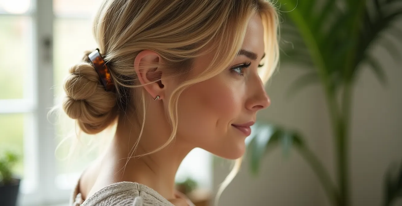 Eleganter Updo mit mattem Claw Clip in feinem Haar