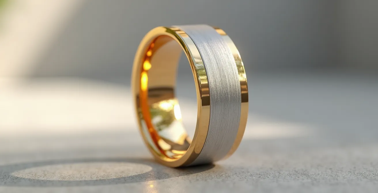 Moderne Bicolor-Schmuckkombination aus Gold und Silber, die die Texturen beider Metalle zeigt