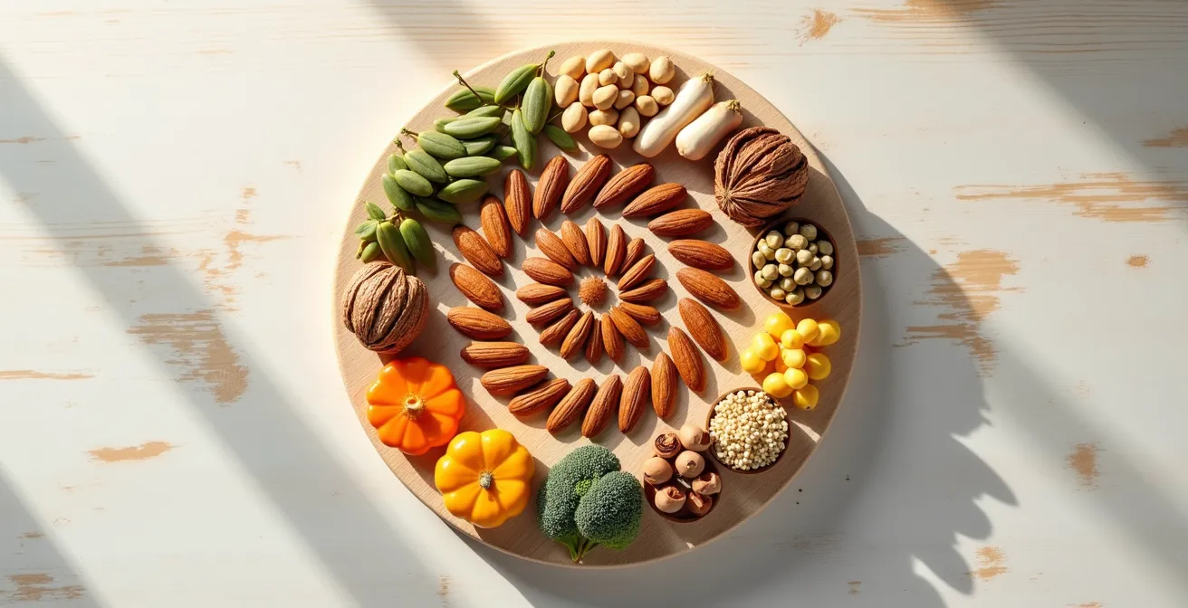 Visualisierung der Nährstoff-Synergie für gesundes Haarwachstum, dargestellt durch ein Arrangement von Nüssen und Samen