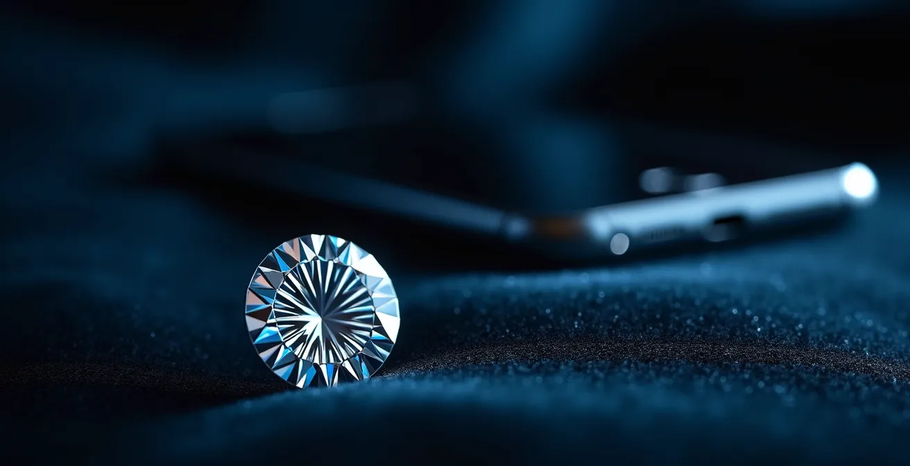 Nahaufnahme eines Diamanten mit Lasergravur neben einem Smartphone im Hintergrund
