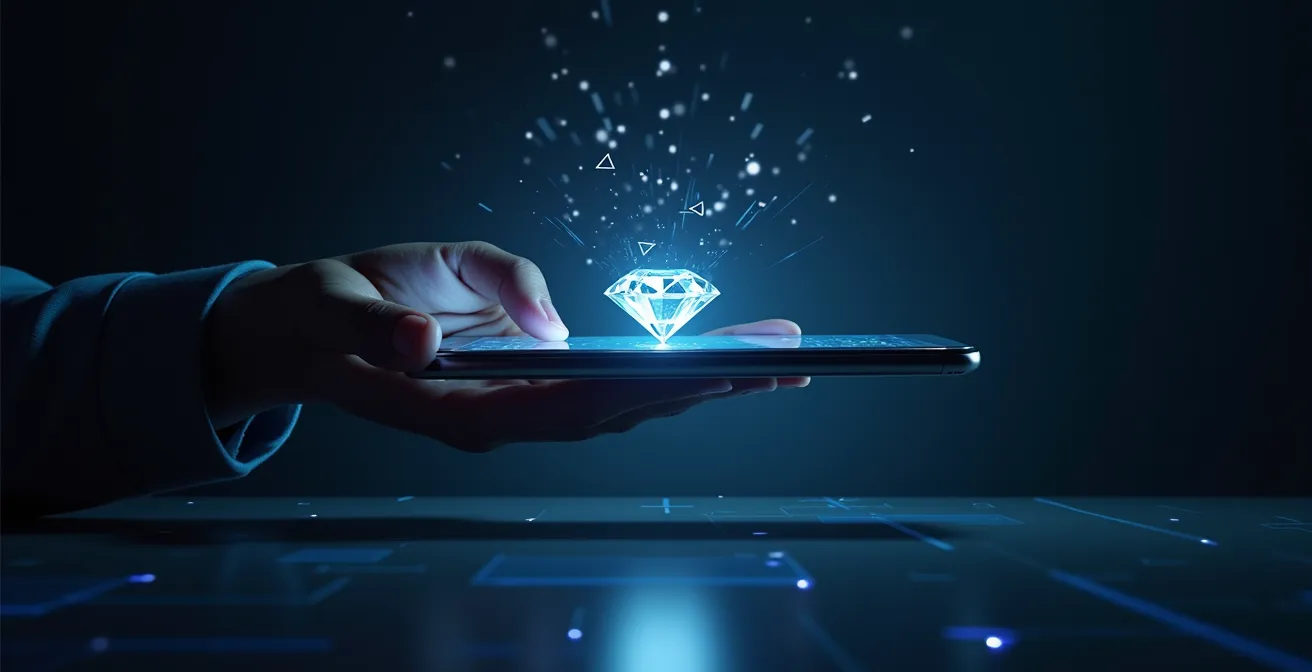 Futuristische Darstellung einer Hand mit Smartphone und holographischen Datenströmen über einem Diamanten