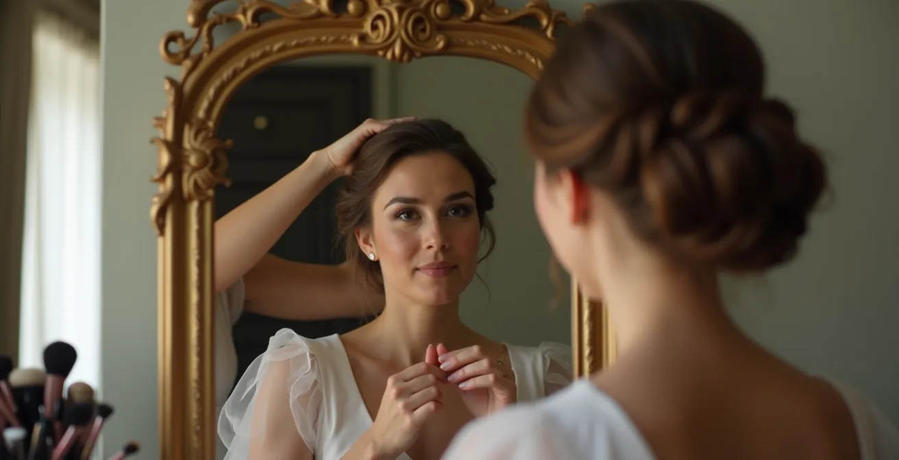 Professionelles Styling für Hochzeitsgast vor elegantem Spiegel