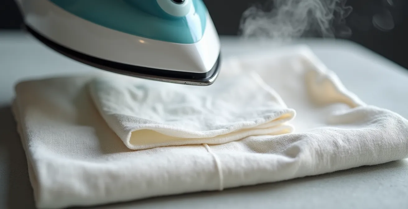 Bügeleisen mit Baumwolltuch als Schutzschicht auf empfindlichem Stoff, um Glanzstellen zu vermeiden