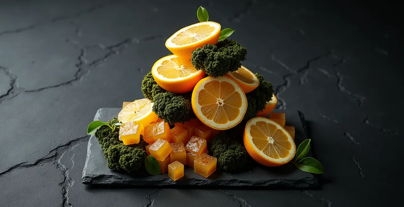 Abstrakte Darstellung der Chypre-Duftpyramide mit natürlichen Elementen wie Bergamotte, Moos und Harz.