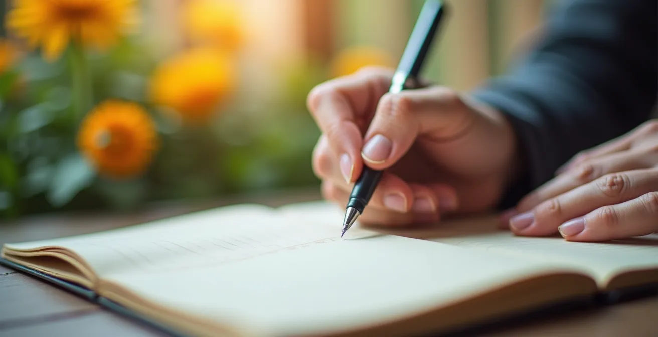 Hände schreiben in Tagebuch mit Naturkulisse im Hintergrund
