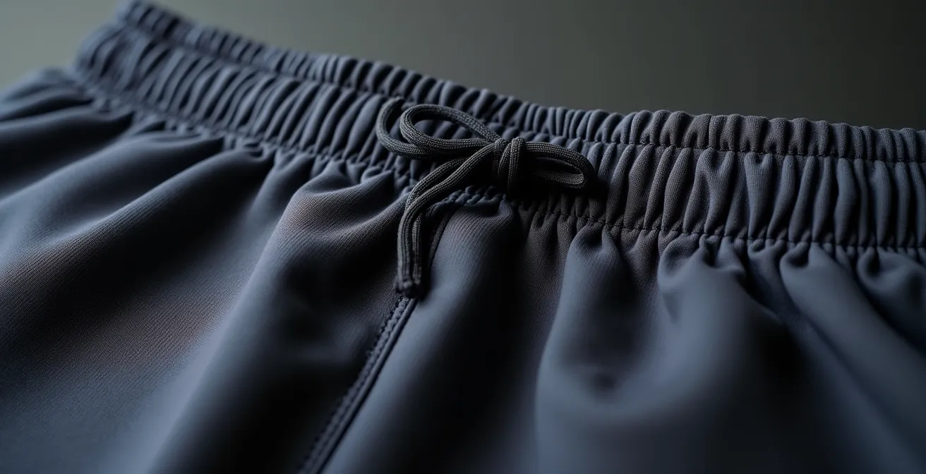 Makroaufnahme hochwertiger Jogginghosen-Details, die die Textur und die saubere Naht des Bundes zeigen