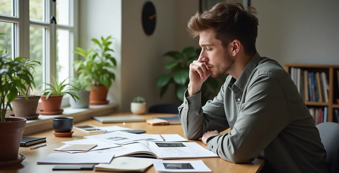 Nachdenklicher Moment beim Planen persönlicher Geschenke mit Notizen und Erinnerungsstücken