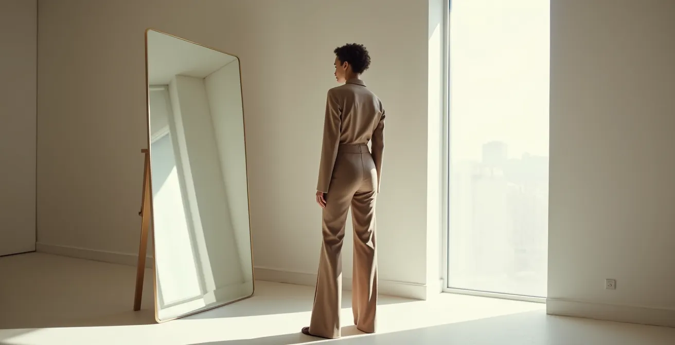 Visuelle Darstellung der Drittel-Regel, die zeigt, wie ein kurzes Oberteil mit einer High-Waist Wide-Leg-Hose eine 1/3 zu 2/3 Proportion schafft.