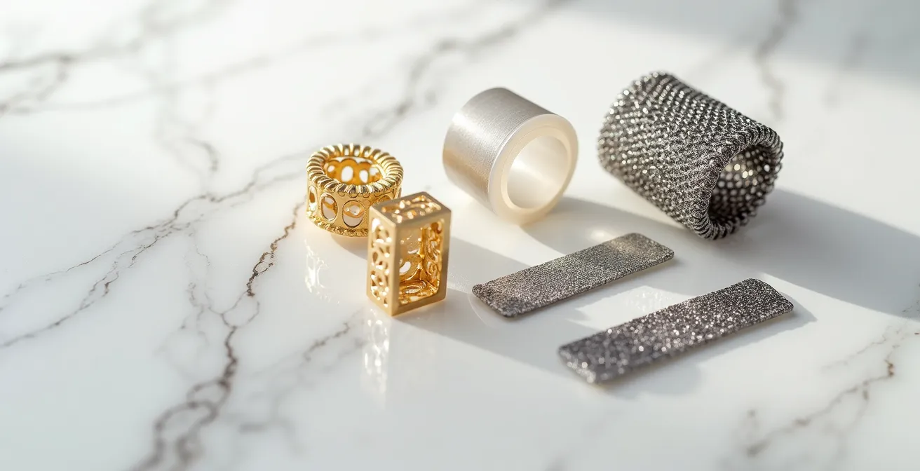 Detailaufnahme verschiedener leichter Materialien für Statement-Ohrringe wie Titan, Hohlstrukturen und 3D-Druck-Harz.