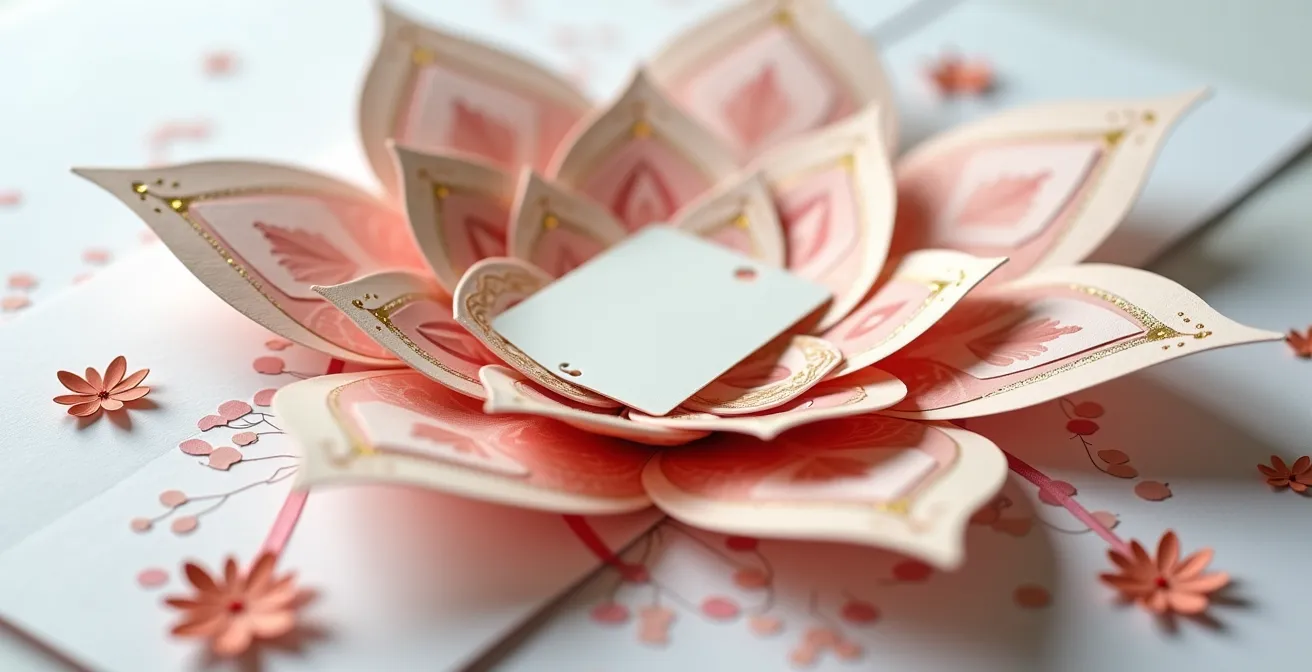 Detailaufnahme einer handgefertigten Explosionsbox mit mehreren Ebenen und verstecktem Gutschein