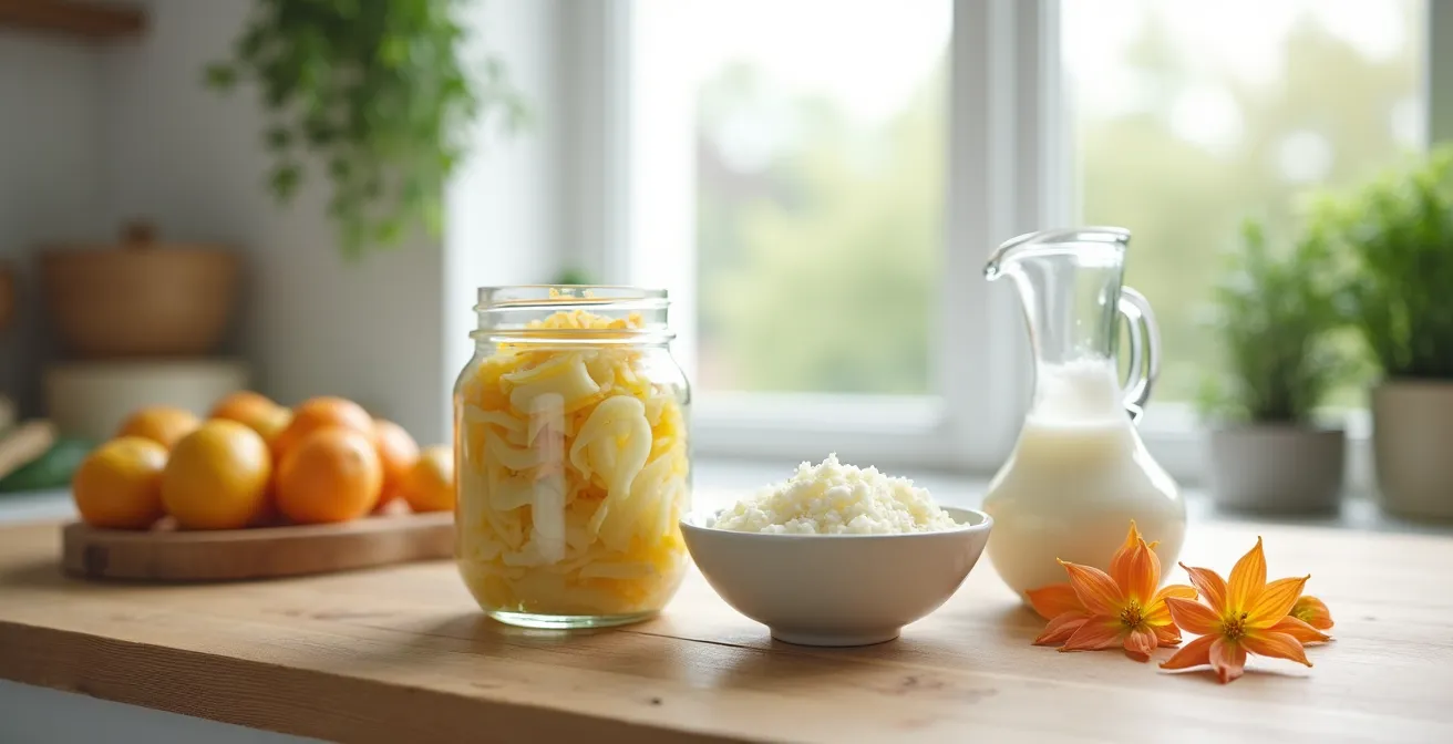 Nahaufnahme von frischem Sauerkraut und Kefir in Glasgefäßen, die probiotische Lebensmittel für eine gesunde Haut symbolisieren