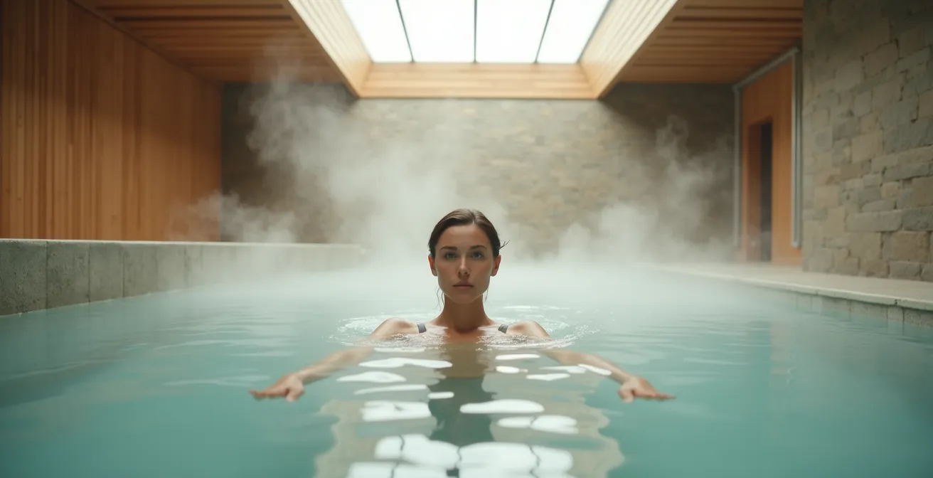 Entspannte Frau in deutscher Therme mit geschlossenen Augen