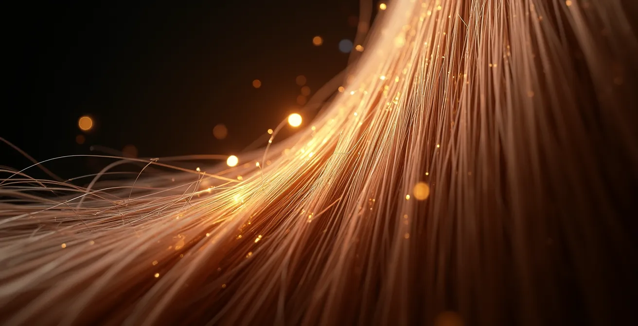 Makroaufnahme von glänzendem, gesundem Haar mit Lichtreflexionen