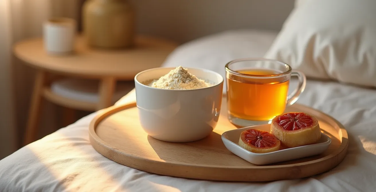 Kollagenpulver und proteinreiche Lebensmittel auf einem Nachttisch, die eine nächtliche Hautregenerationsroutine symbolisieren