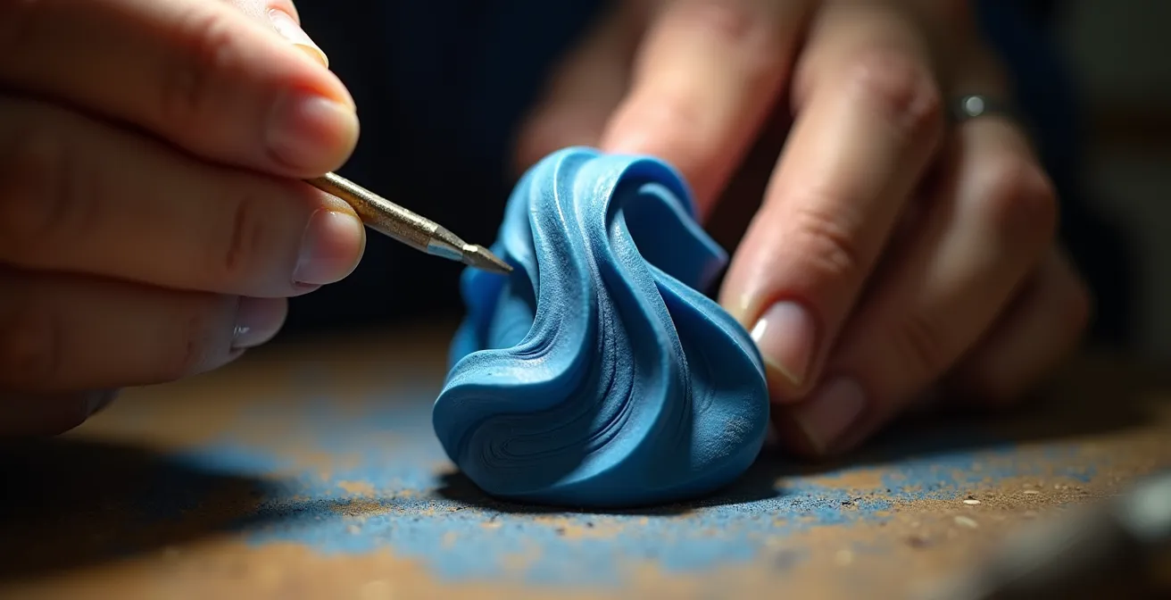 Wachsmodell eines organischen Rings in einer Goldschmiedewerkstatt