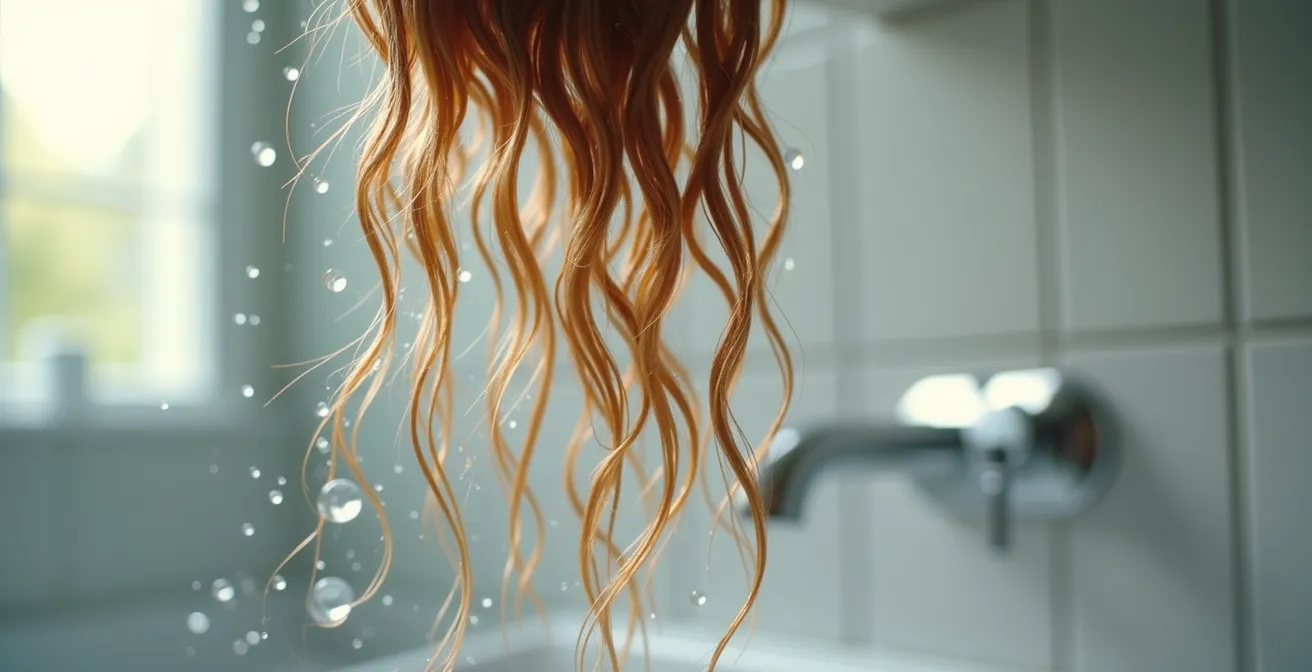 Weitwinkelaufnahme von nassem Haar in deutschem Badezimmer mit sichtbaren Wassertropfen