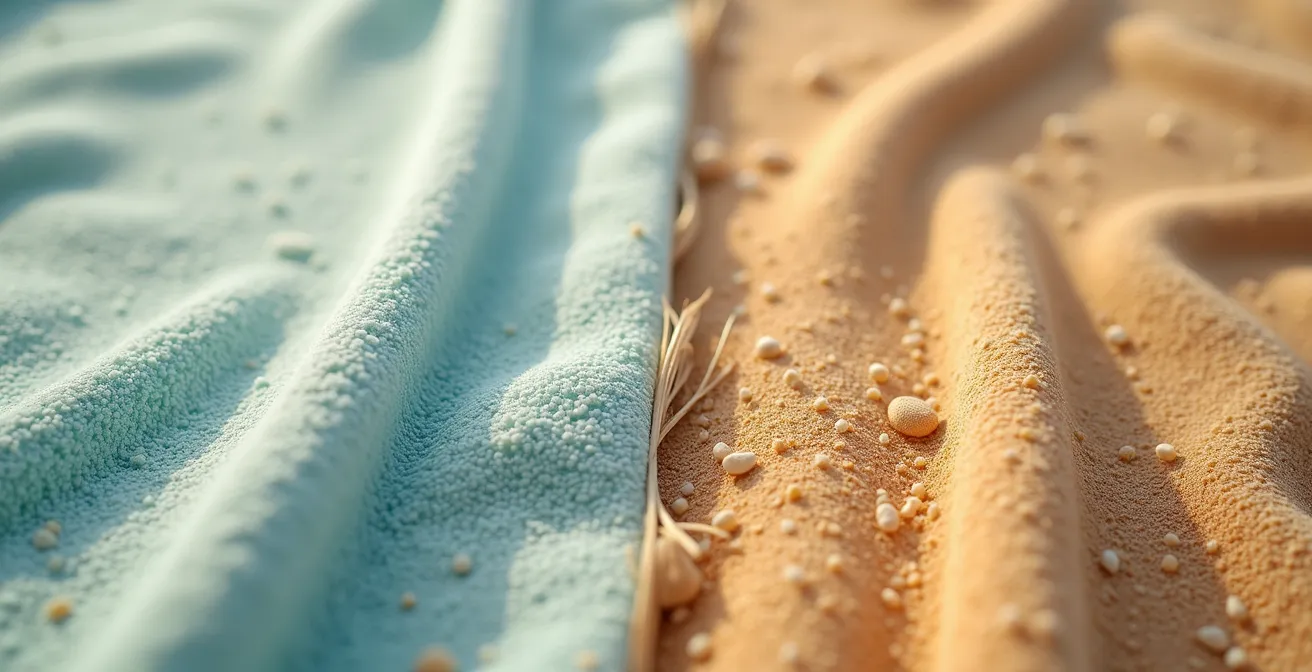 Makroaufnahme, die den Kontrast zwischen glatter Mikrofaser und rauem Frottee zeigt, mit Haarsträhnen, die darüber liegen.