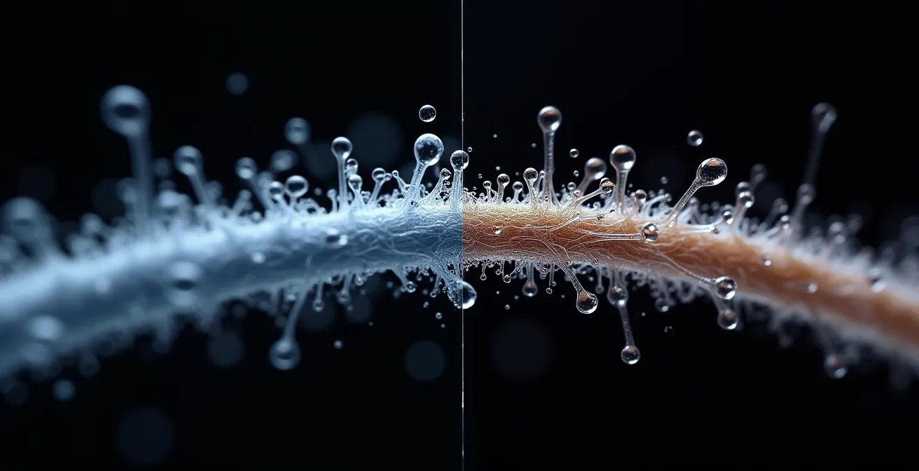 Mikroskopische Ansicht von Haarschuppen in geschlossenem und geöffnetem Zustand