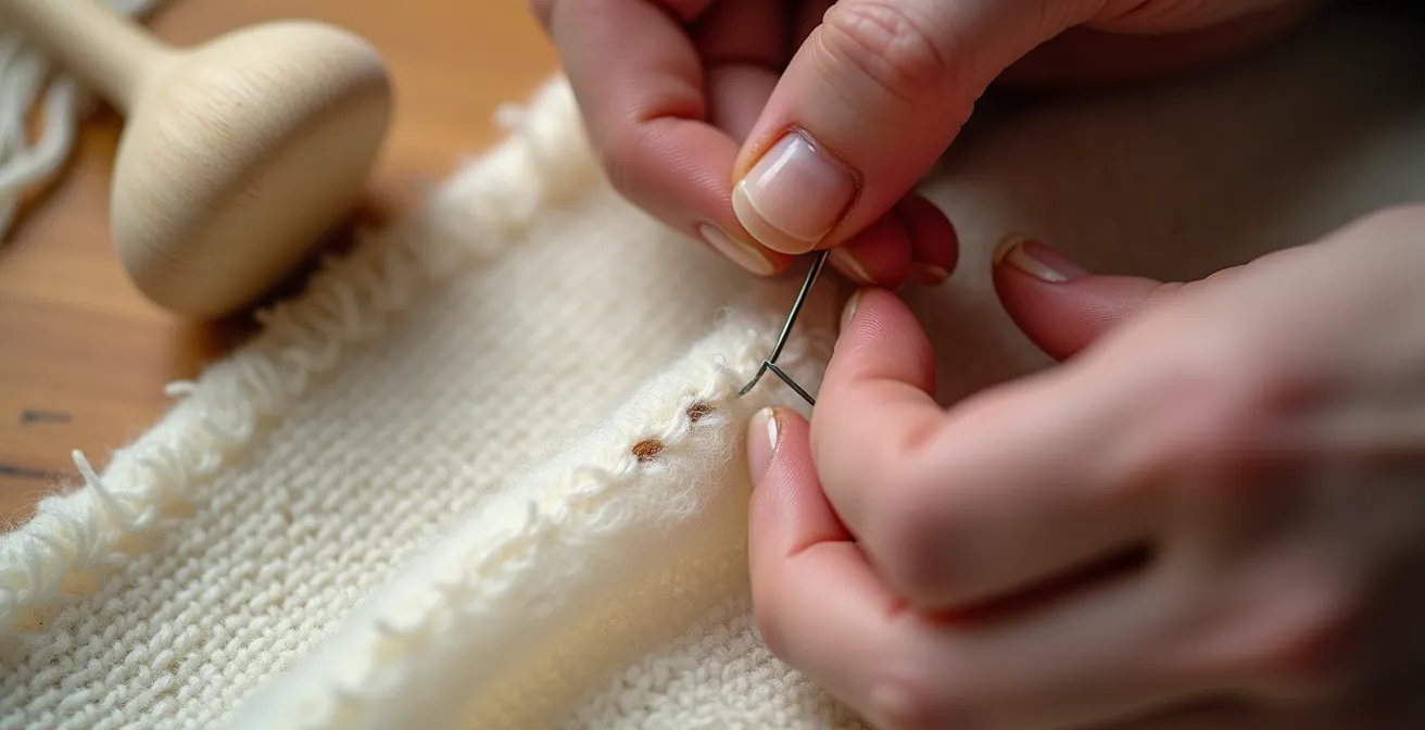 Detailaufnahme einer Kunststopf-Reparatur an hochwertigem Kaschmirgewebe