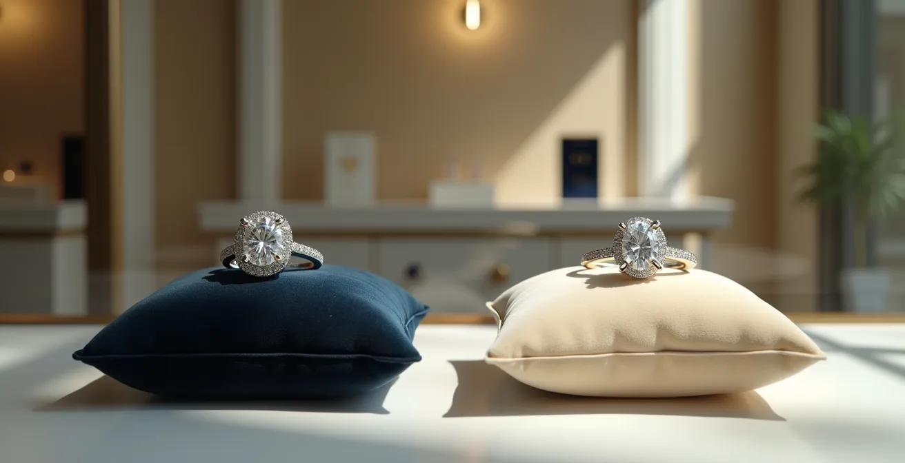 Elegante Schmuckauslage mit zwei identischen Ringen und unterschiedlichen Preisschildern ohne lesbare Zahlen