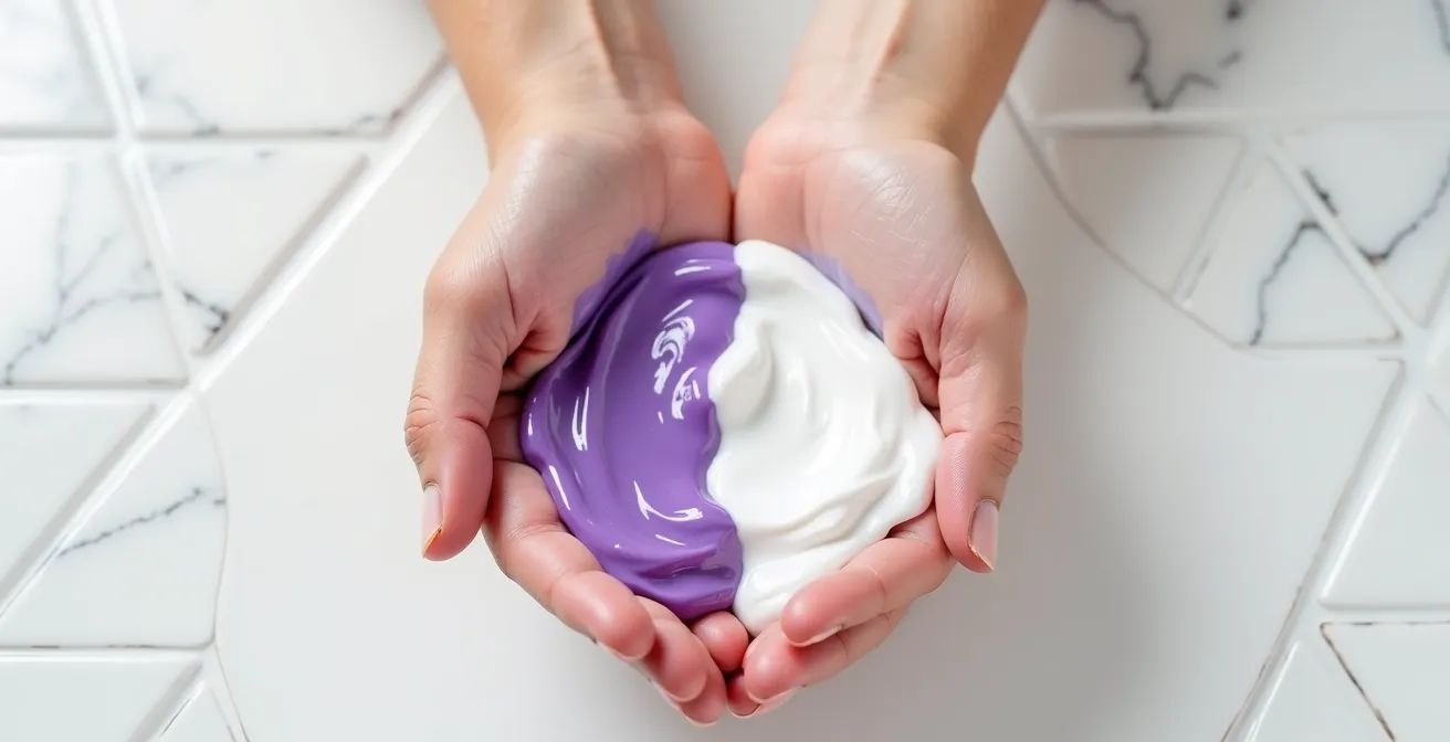 Hände mischen Silbershampoo mit normalem Shampoo