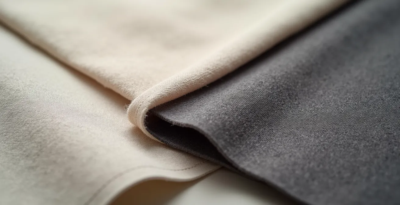 Nahaufnahme verschiedener hochwertiger Stoffe mit unterschiedlichen Texturen und asymmetrischen Schnitten in neutralen Tönen
