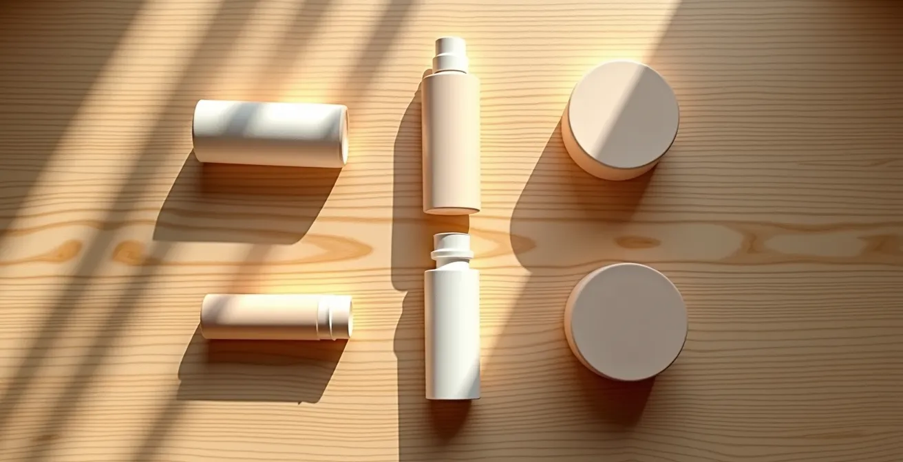 Minimalistische Pflegeprodukte auf Holzoberfläche arrangiert