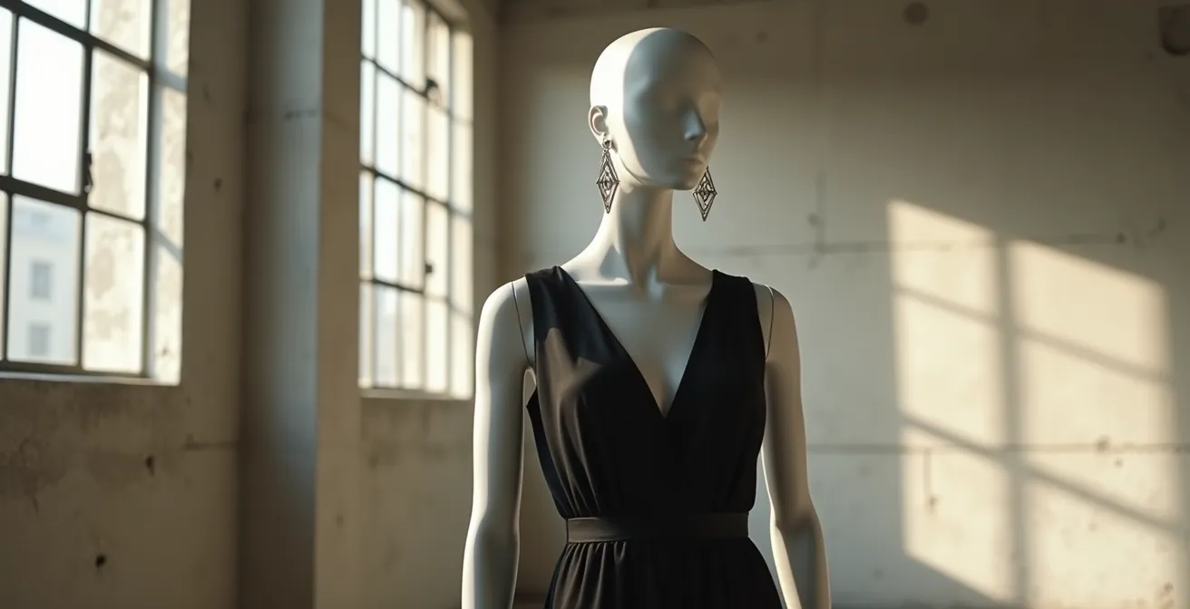 Harmonische Kombination aus schlichter Mode in einem minimalistischen Raum und auffälligem, skulpturalem Schmuck.