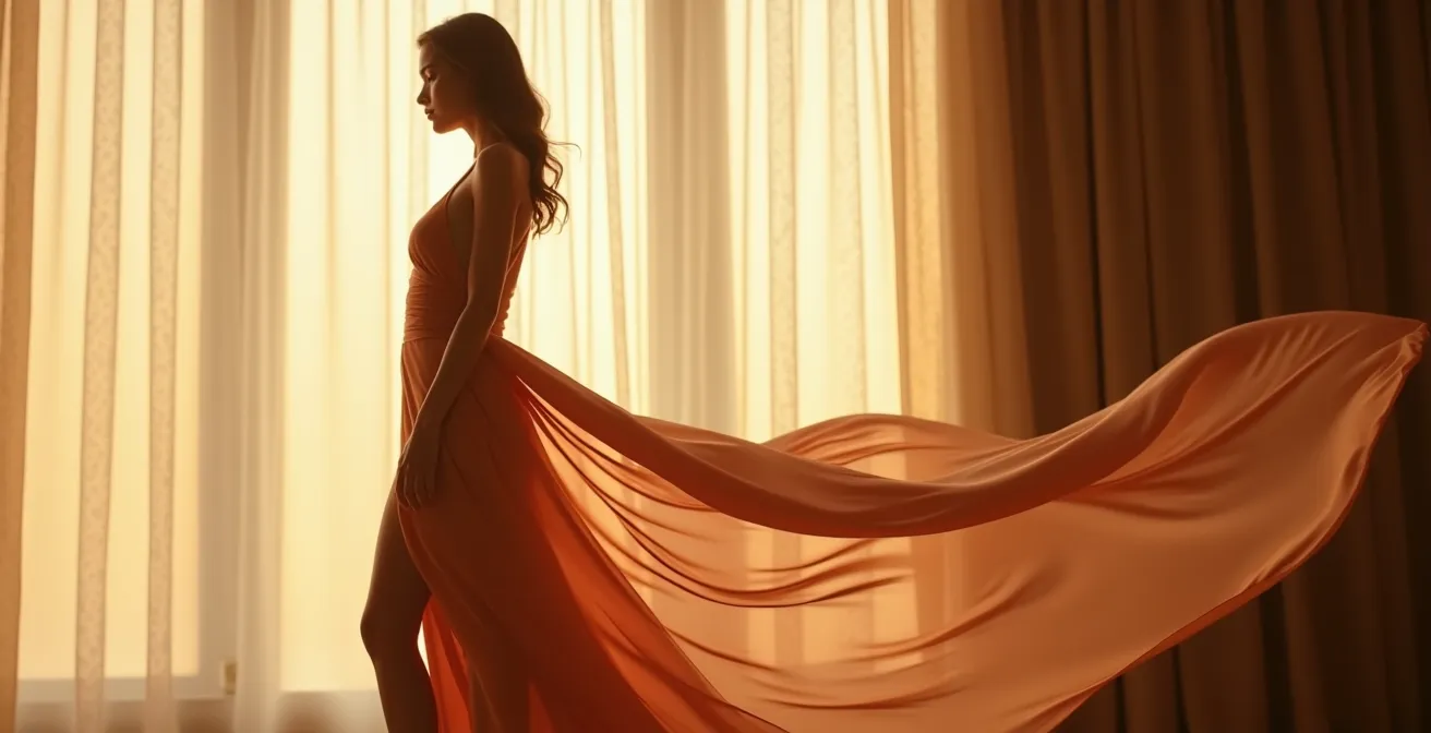 Elegante Silhouette mit nahtloser Unterwäsche unter fließendem Seidenkleid