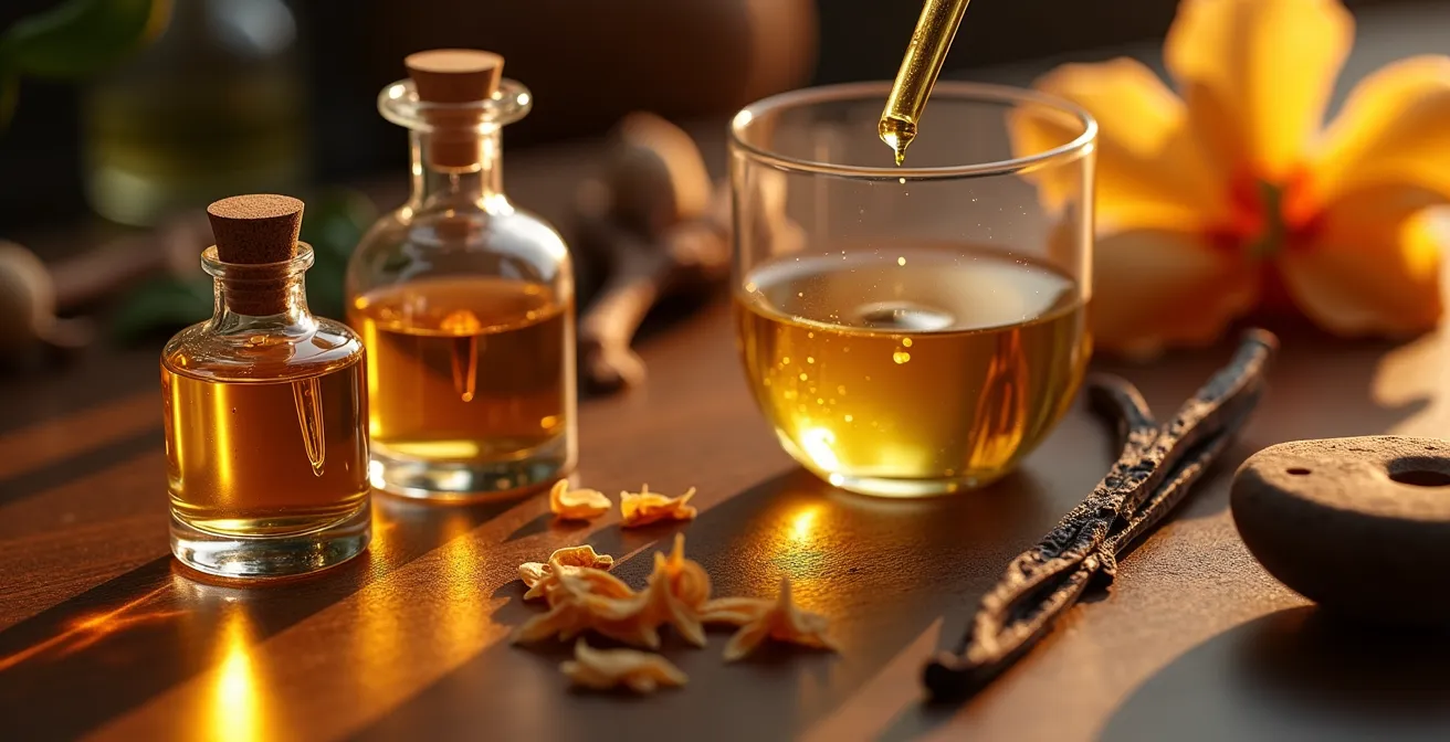 Makroaufnahme der Parfümherstellung mit Duftessenzen und Pipetten