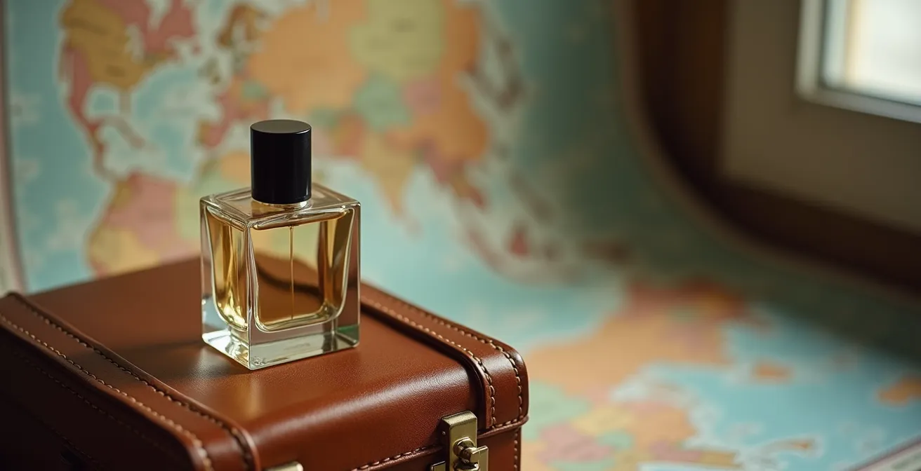 Parfümflakon vor verschwommenem Reisehintergrund mit Koffern und Landkarten