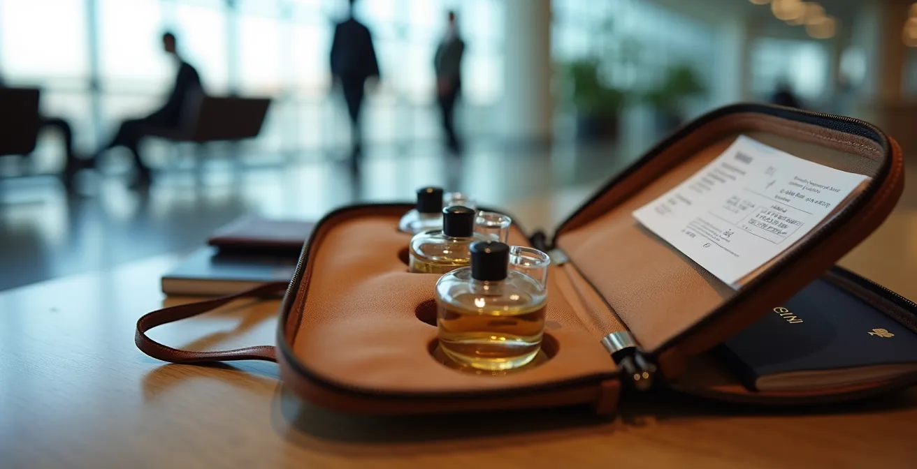Parfüm-Miniaturen elegant arrangiert neben Reisepass im Flughafen-Setting