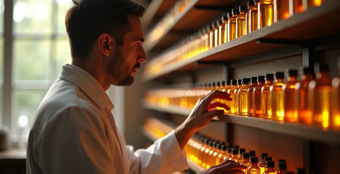 Parfümeur bei der Arbeit im Labor mit Duftorgel