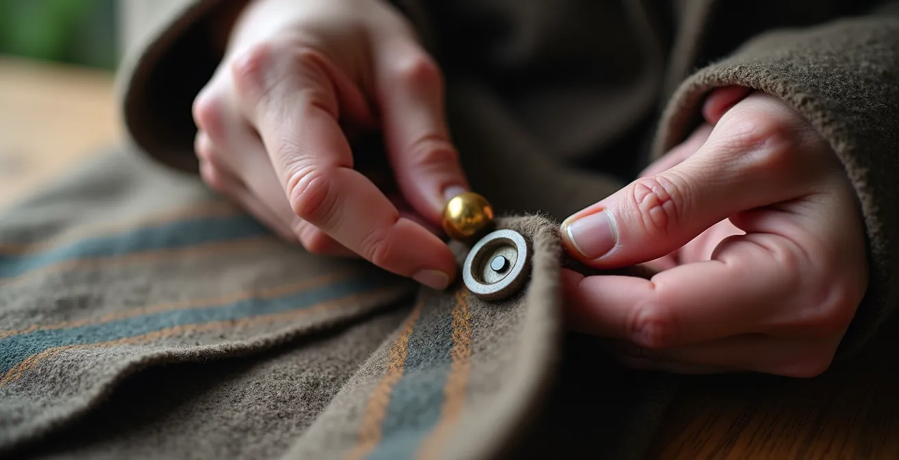 Detailaufnahme einer Hand beim Annähen eines Mantelknopfes mit der Stiel-Technik