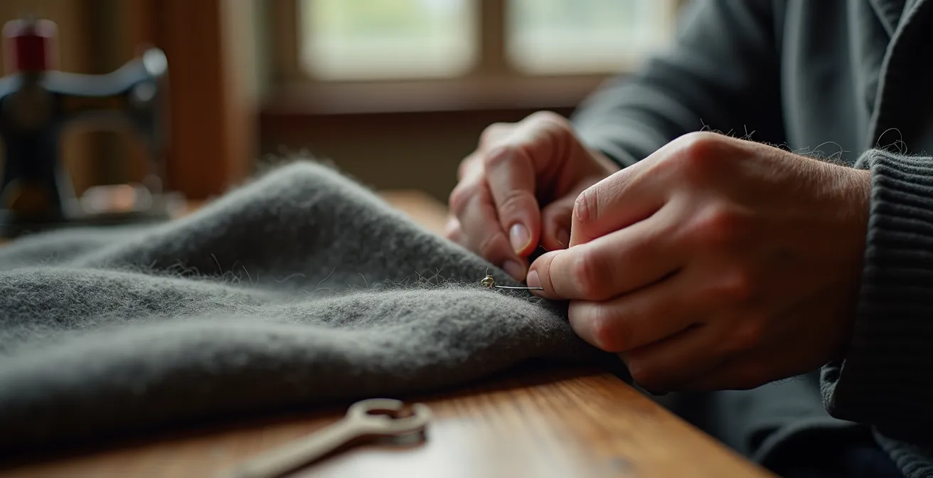 Hände beim Reparieren eines hochwertigen Kleidungsstücks mit Nadel und Faden in einem hellen Reparatur-Café