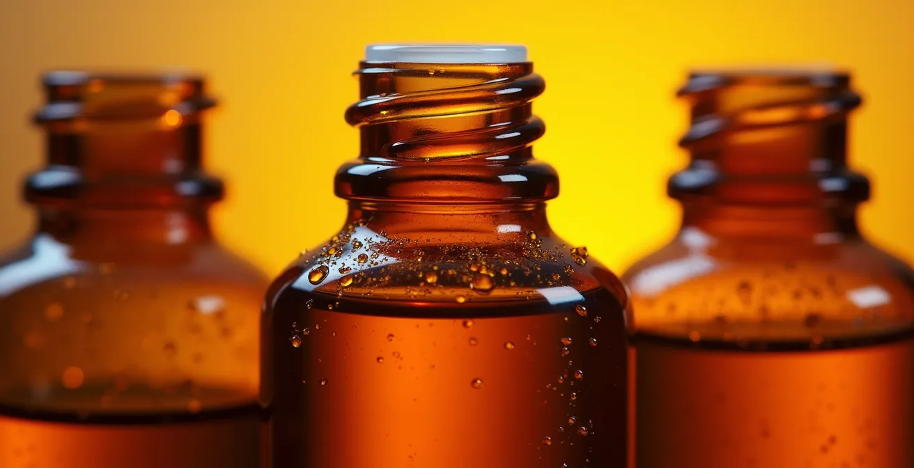 Vier kleine Glasfläschchen mit ätherischen Ölen in einer Reihe arrangiert