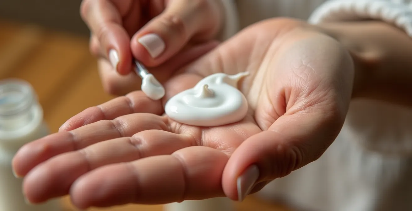Makroaufnahme von Händen, die natürliche Creme auf Haut auftragen