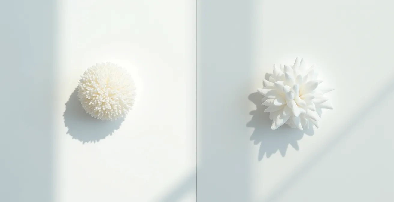 Mikroskopische Nahaufnahme zeigt den Unterschied zwischen glatten Polyester- und texturierten Viskosefasern