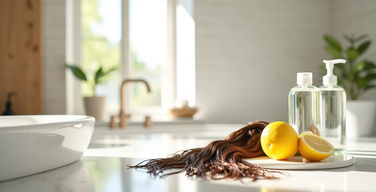 Vergleichsaufnahme von Haarstruktur vor und nach Tiefenreinigung mit einem Chelatshampoo, die eine glattere Oberfläche zeigt.