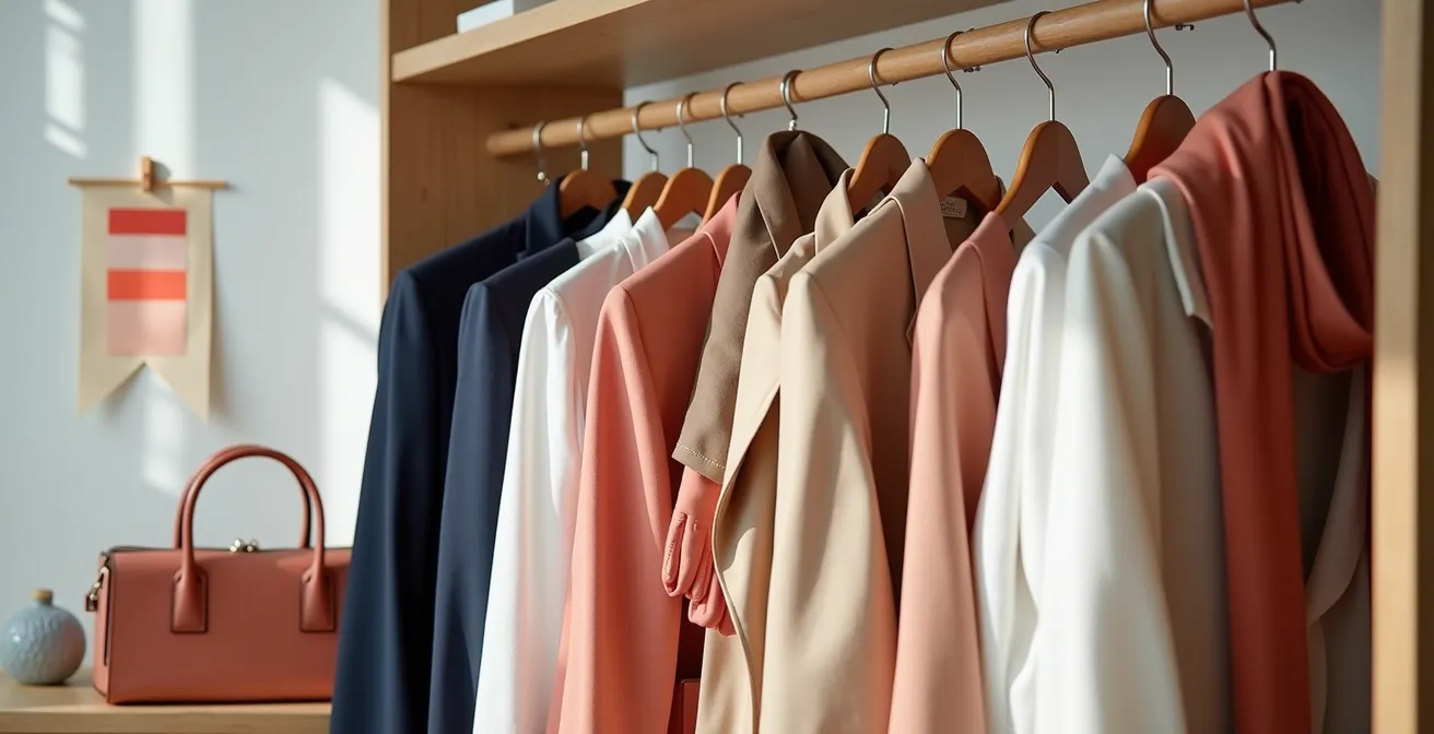 Elegante Garderobe mit klassischen Basics und Trendfarben-Accessoires