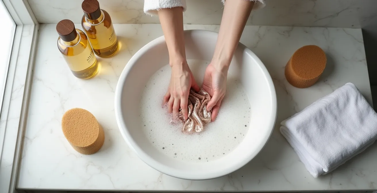 Waschbecken mit schonender Handwäsche von verzierter Kleidung