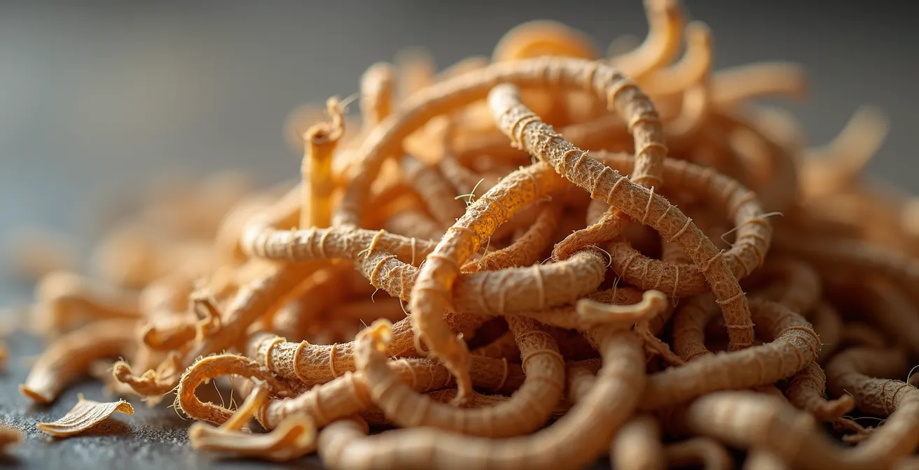 Nahaufnahme von Vetiverwurzeln und Zedernholzspänen in einem minimalistischen, eleganten Arrangement.