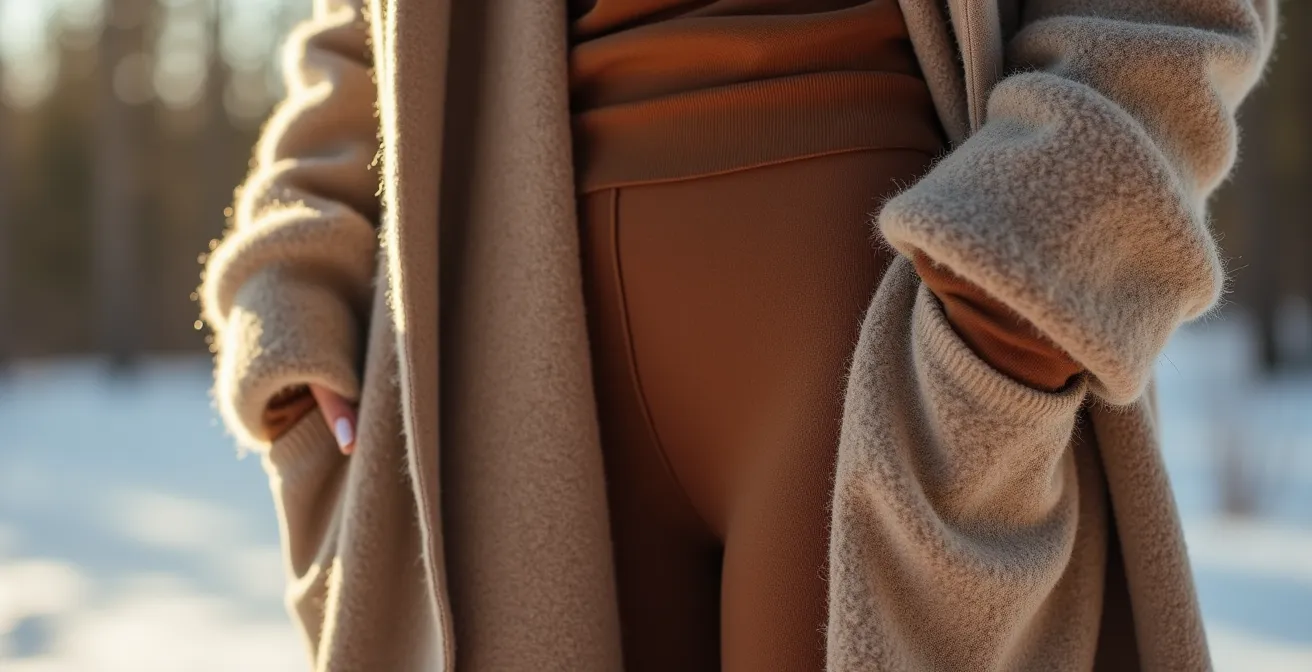 Detailaufnahme von geschichtetem Winteroutfit mit Fokus auf vertikale Linien durch einen offenen Cardigan über einem Rollkragen.